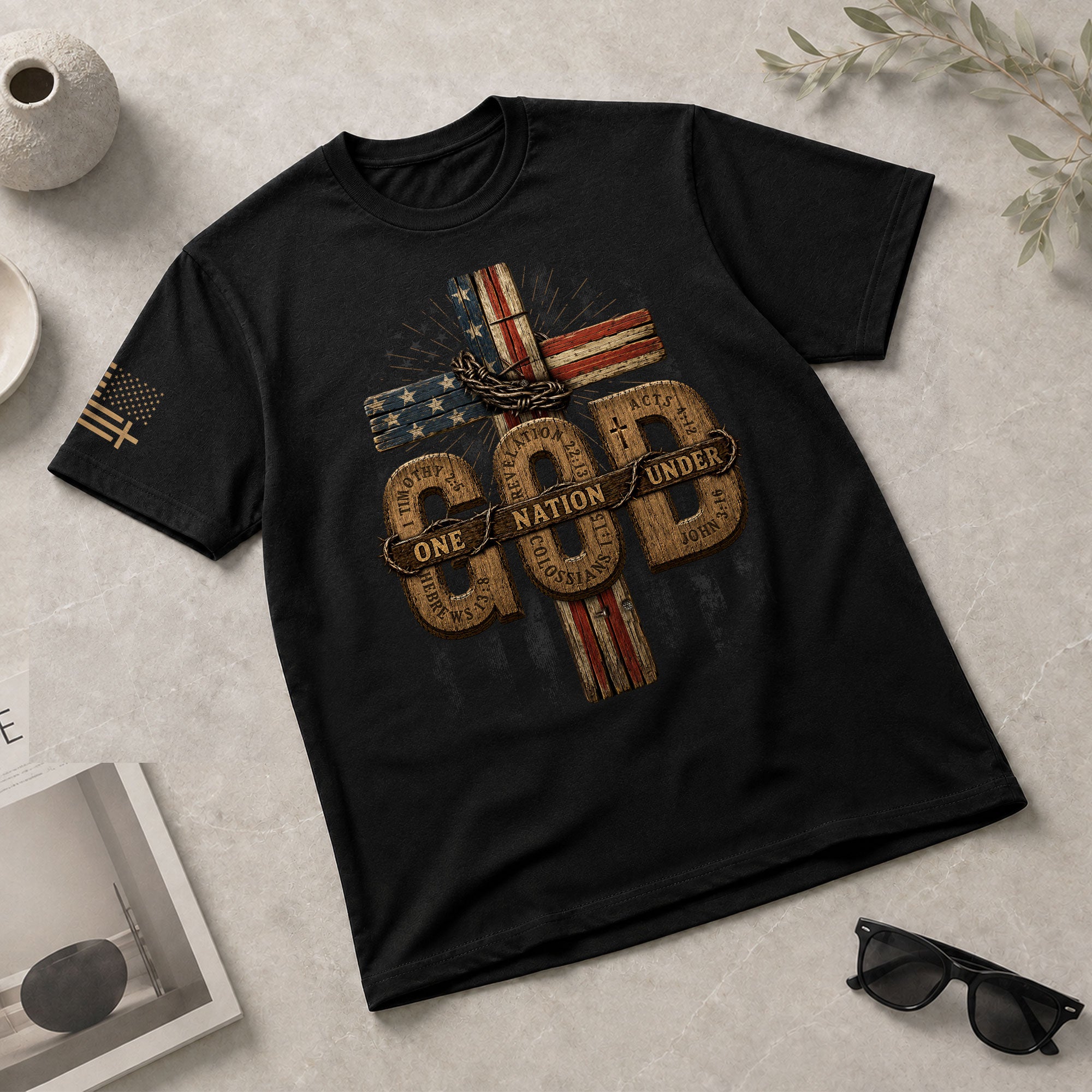 One Nation Under God USA Flag Cross Christian Graphic Tee Shirt For Men Faith Wear - Rust Field Wear