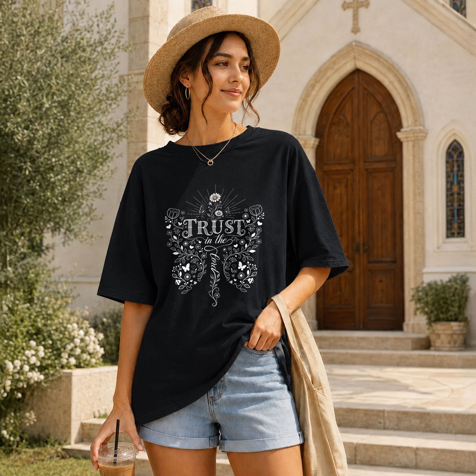 Trust In The Lord Butterfly Floral Christian Graphic Tee Shirt For Women Apparel - Rust Field Wear
