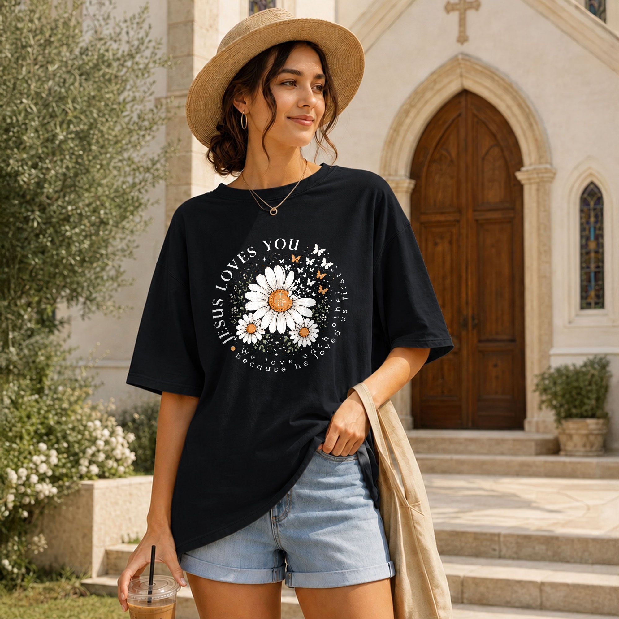 Jesus Loves You Daisy Butterfly 1 John 4:19 Christian Graphic Tee For Women Apparel