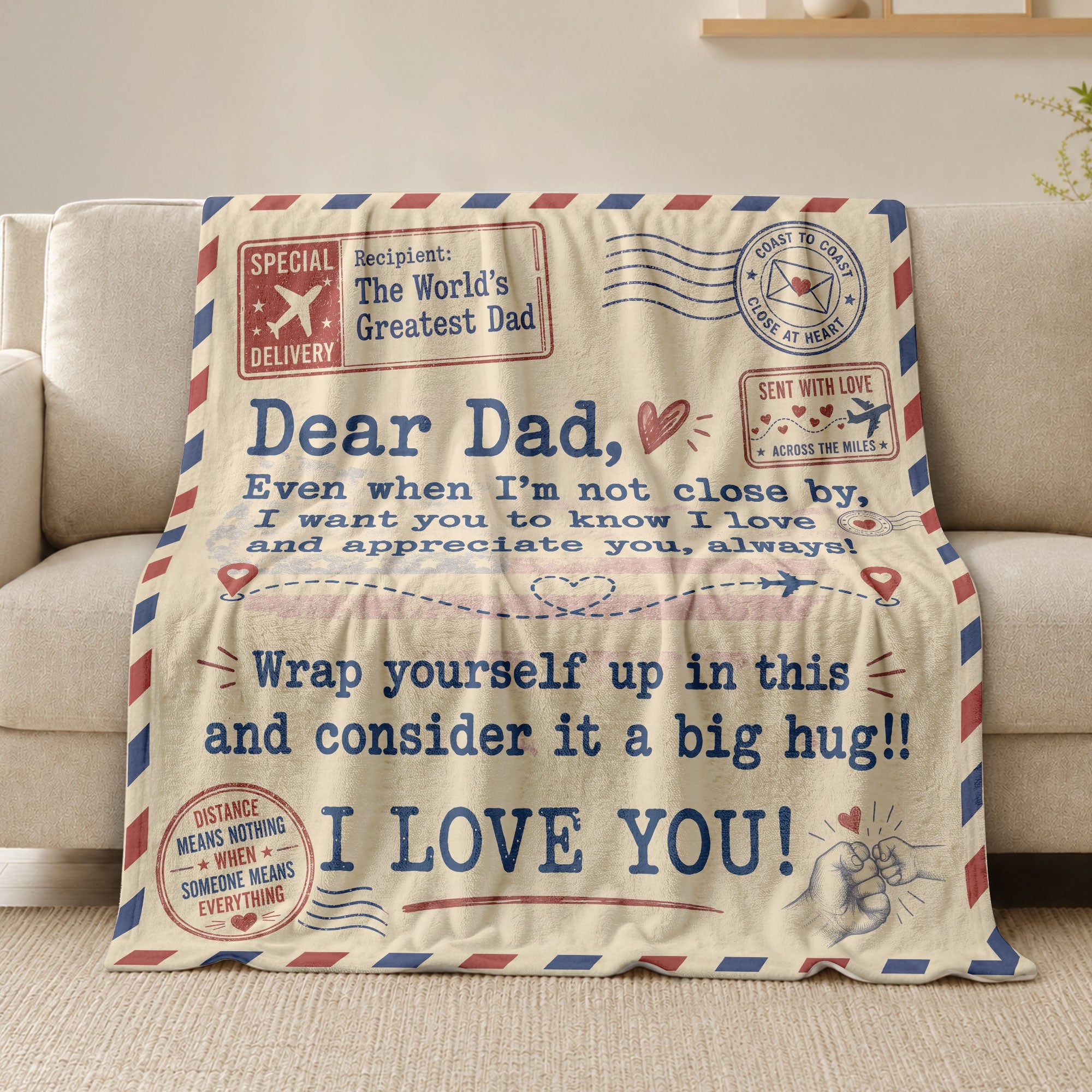 Dad Blanket Gift Long Distance Hug Throw Blanket Coast to Coast Love Gifts for Dad - Rust Field Wear