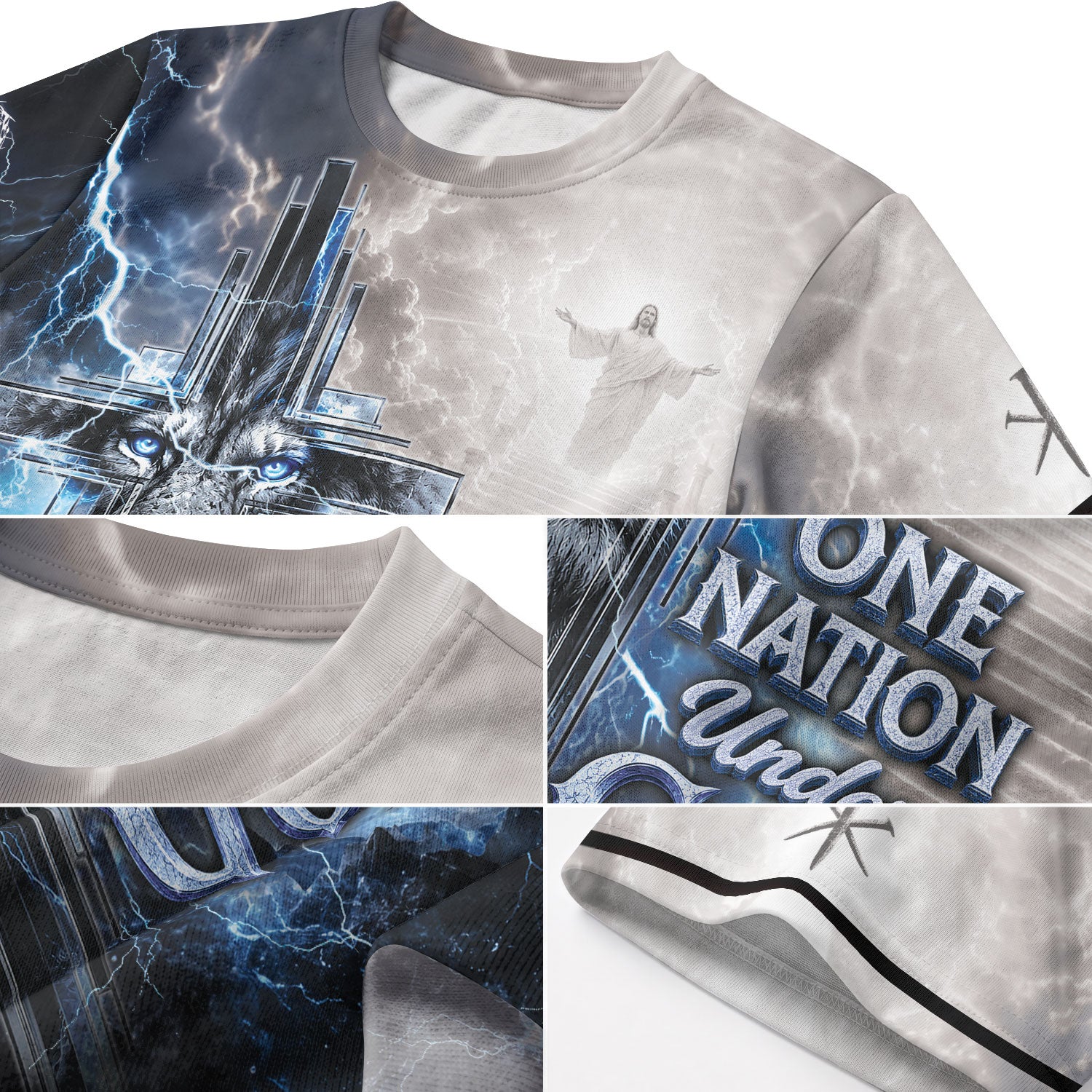 One Nation Under God Shirt Blue Lightning Lion Cross 3D All Over Print Christian Men Tee