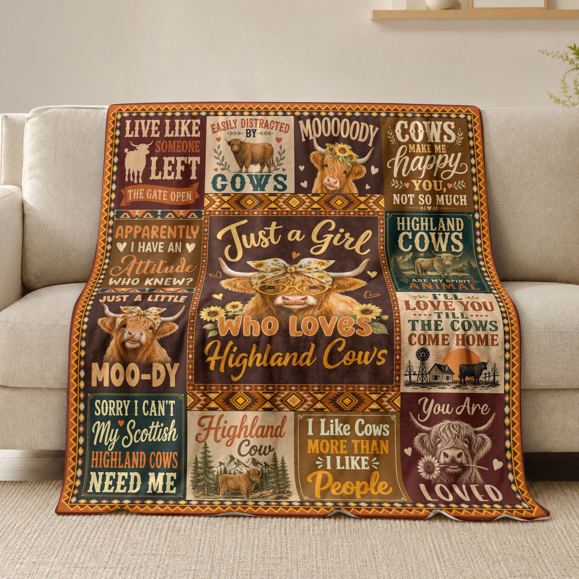 Just A Girl Who Loves Highland Cows Farm Animal Throw Blanket Cute Cozy Gift Idea