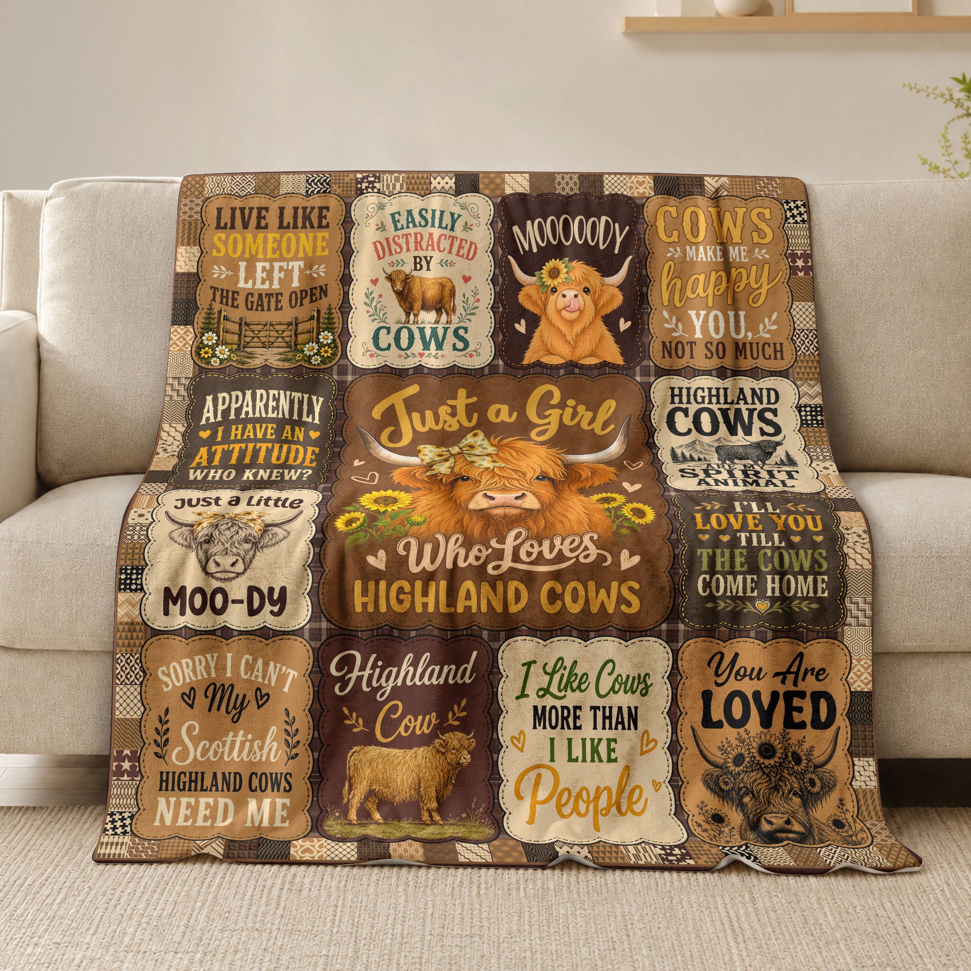 Just A Girl Who Adores Highland Cows Patchwork Throw Blanket Farm Decor Gift Idea