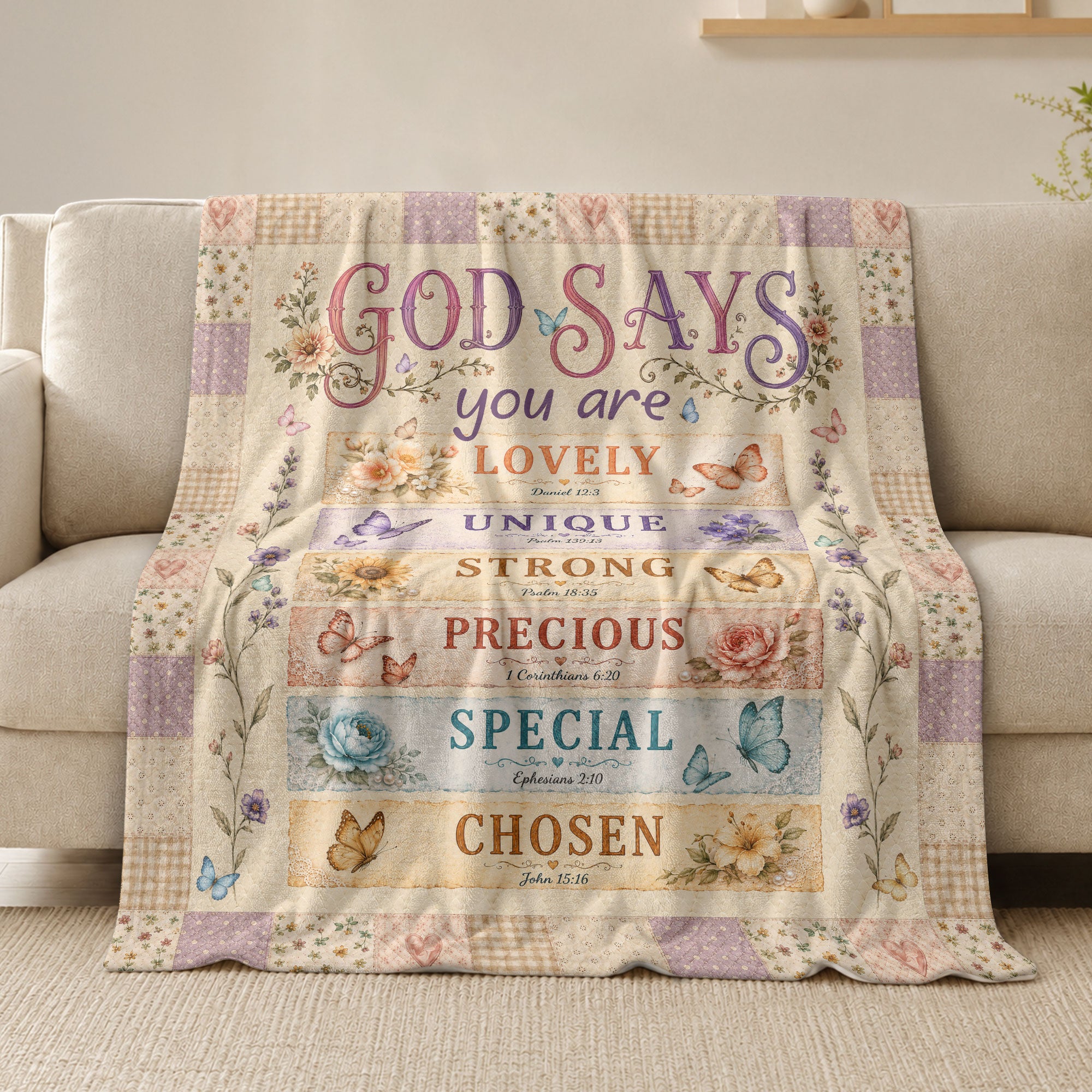 God Says You Are Blanket Floral Patchwork Christian Bible Verse Throw Scripture Gift