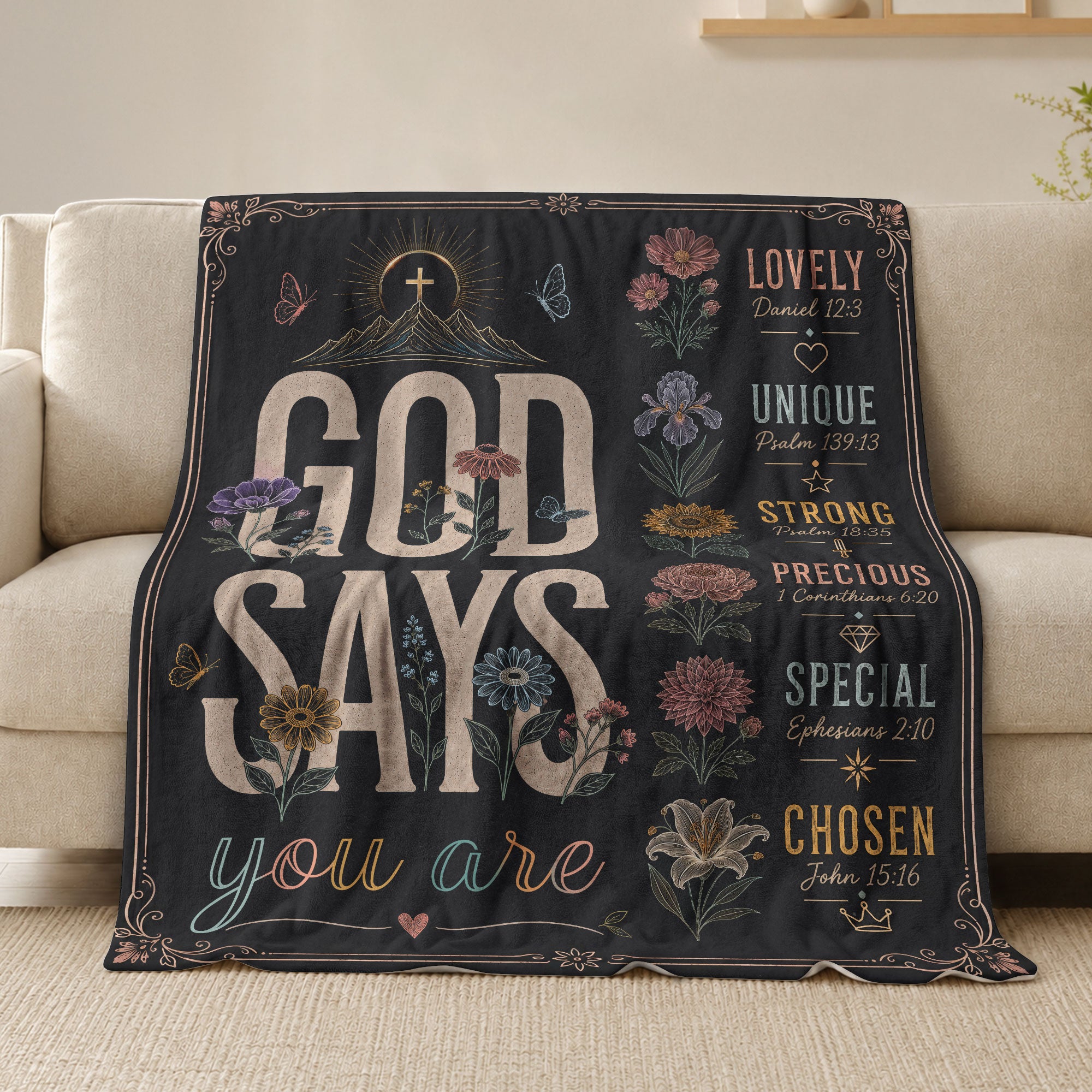 God Says You Are Blanket Black Floral Christian Bible Verse Throw Scripture Gift Cozy
