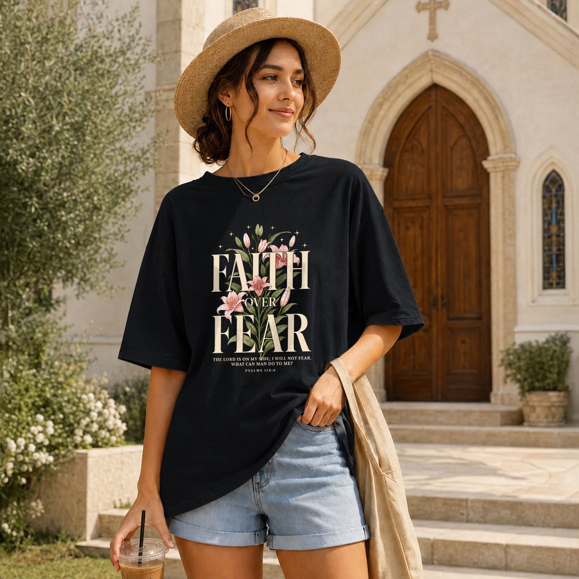 Faith Over Fear Psalms Scripture Lily Floral Blue Christian Tee For Women Apparel