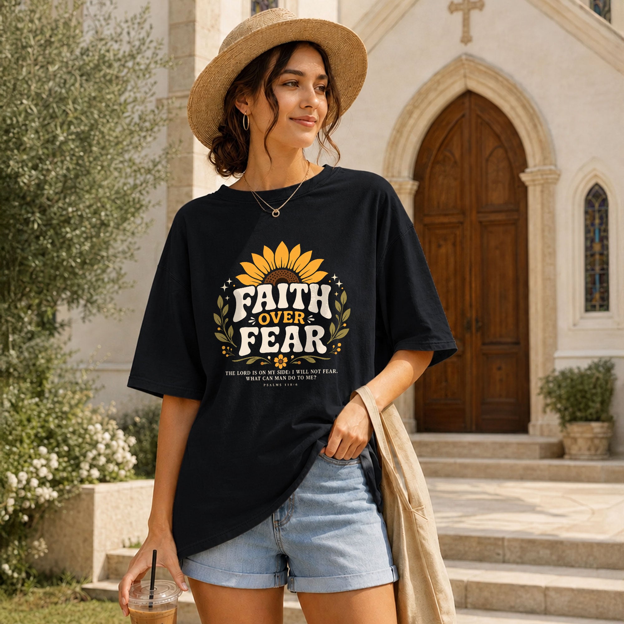 Faith Over Fear Sunflower Psalms Scripture Cute Blue Christian Tee For Women Apparel