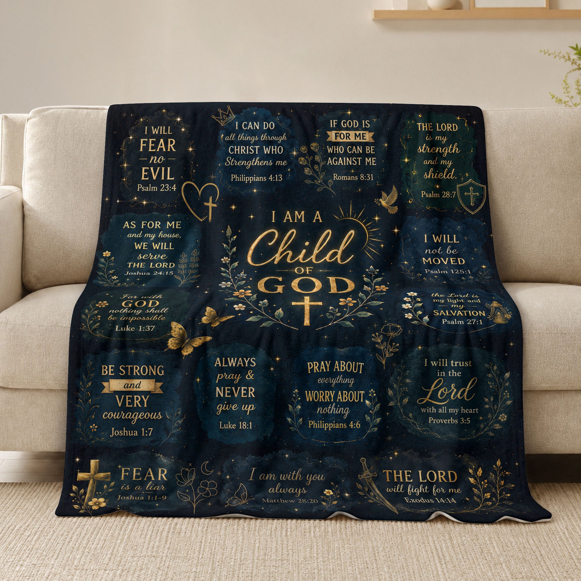 I Am A Child Of God Blanket Black Gold Floral Christian Bible Verse Scripture Decor Gift