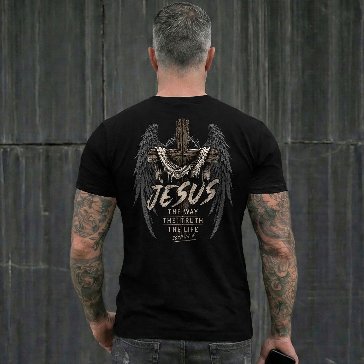 Jesus Shirt The Way The Truth The Life Men T-Shirt Angel Wings Cross Christian Faith Tee