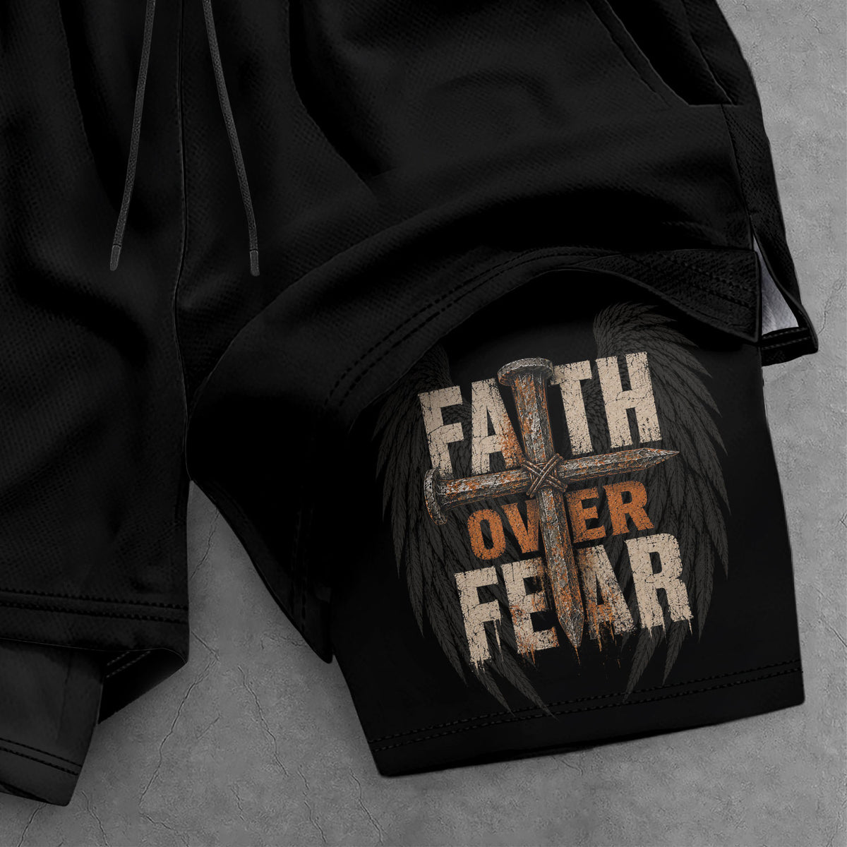 Psalm 27:1 Faith Over Fear Men's Double Layer Track Shorts - Christian Cross Workout Shorts - Rust Field Wear