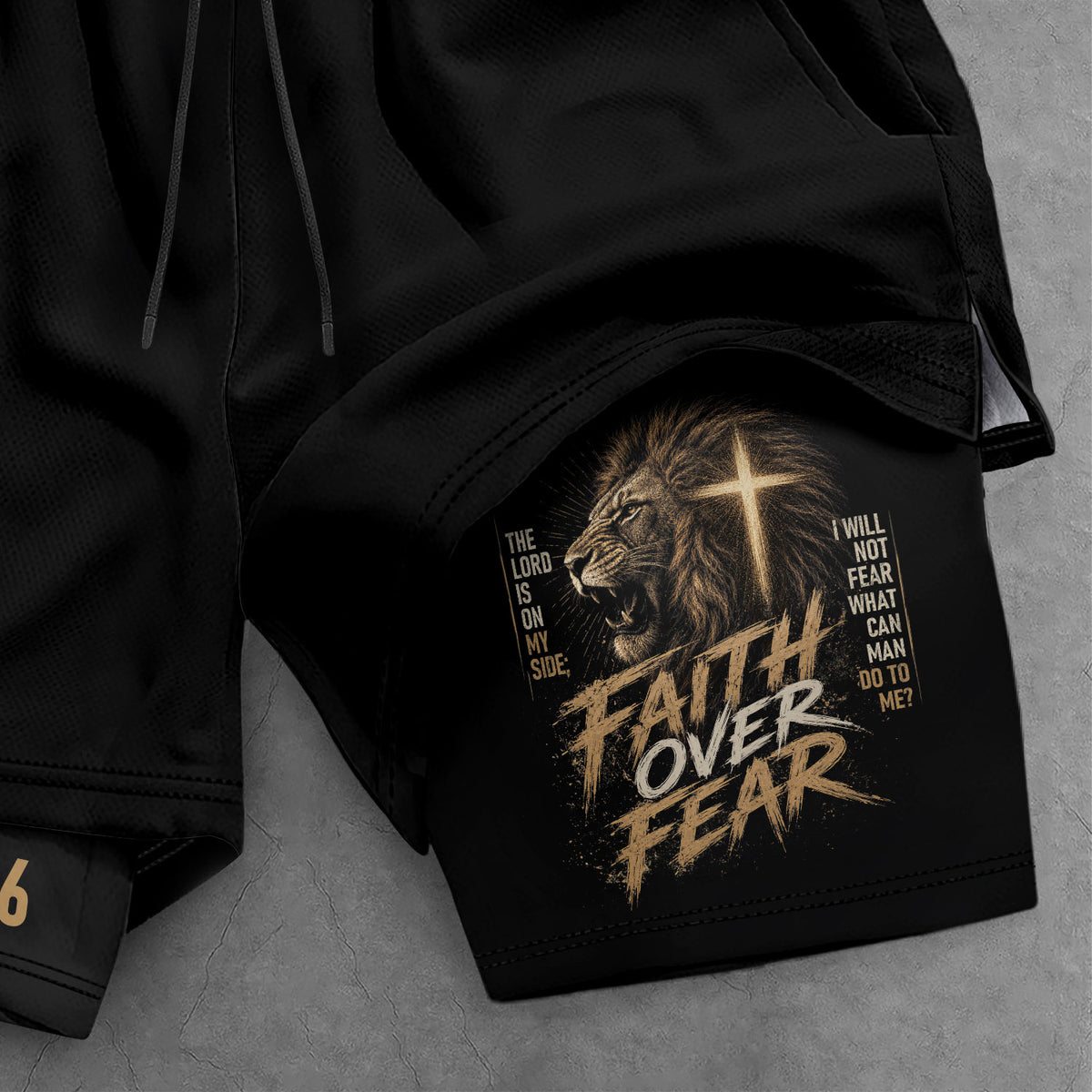 Psalms 118:6 Lion Faith Over Fear Men's Double Layer Track Shorts - Christian Gym Shorts - Rust Field Wear
