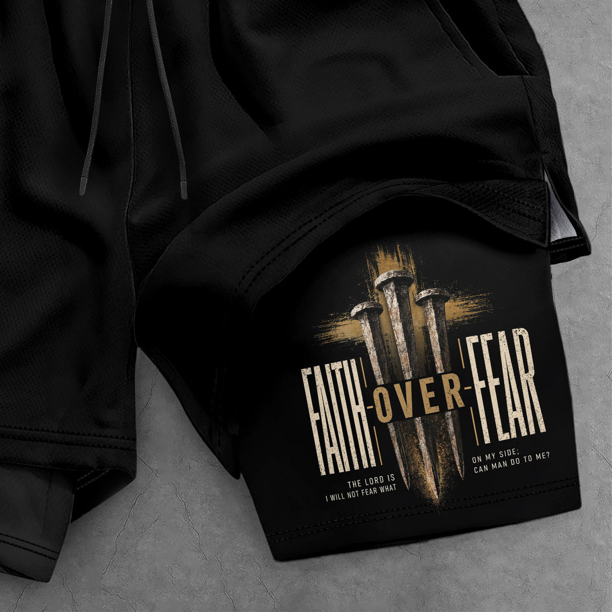 Psalms 118:6 Faith Over Fear Men's Double Layer Track Shorts - Christian Nail Cross Shorts - Rust Field Wear
