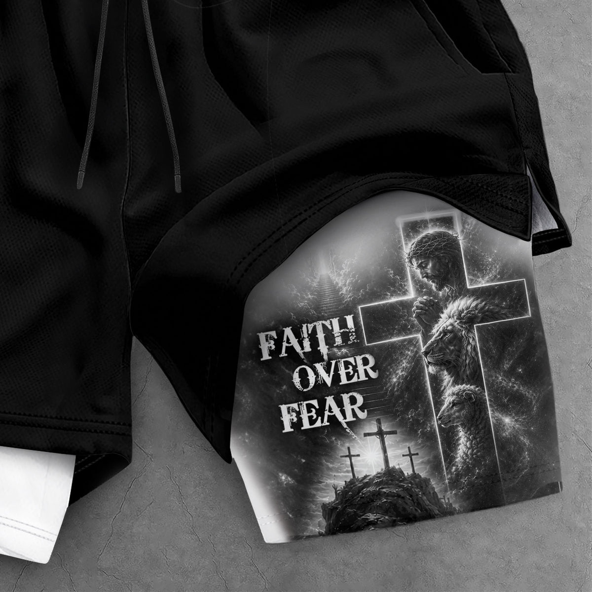 Faith Over Fear Double Layer Track Shorts Mens Christian Athletic Gym Shorts Cross Lion - Rust Field Wear