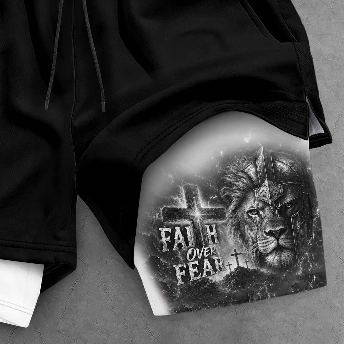 Faith Over Fear Mens Double Layer Track Shorts Warrior Lion Christian Gym Shorts Psalms 118:6 - Rust Field Wear