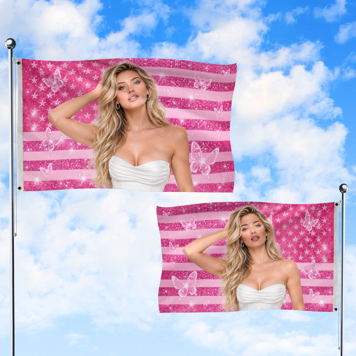 Custom American Photo Flag Pink Glitter American Flag Personalised Butterfly USA Banner