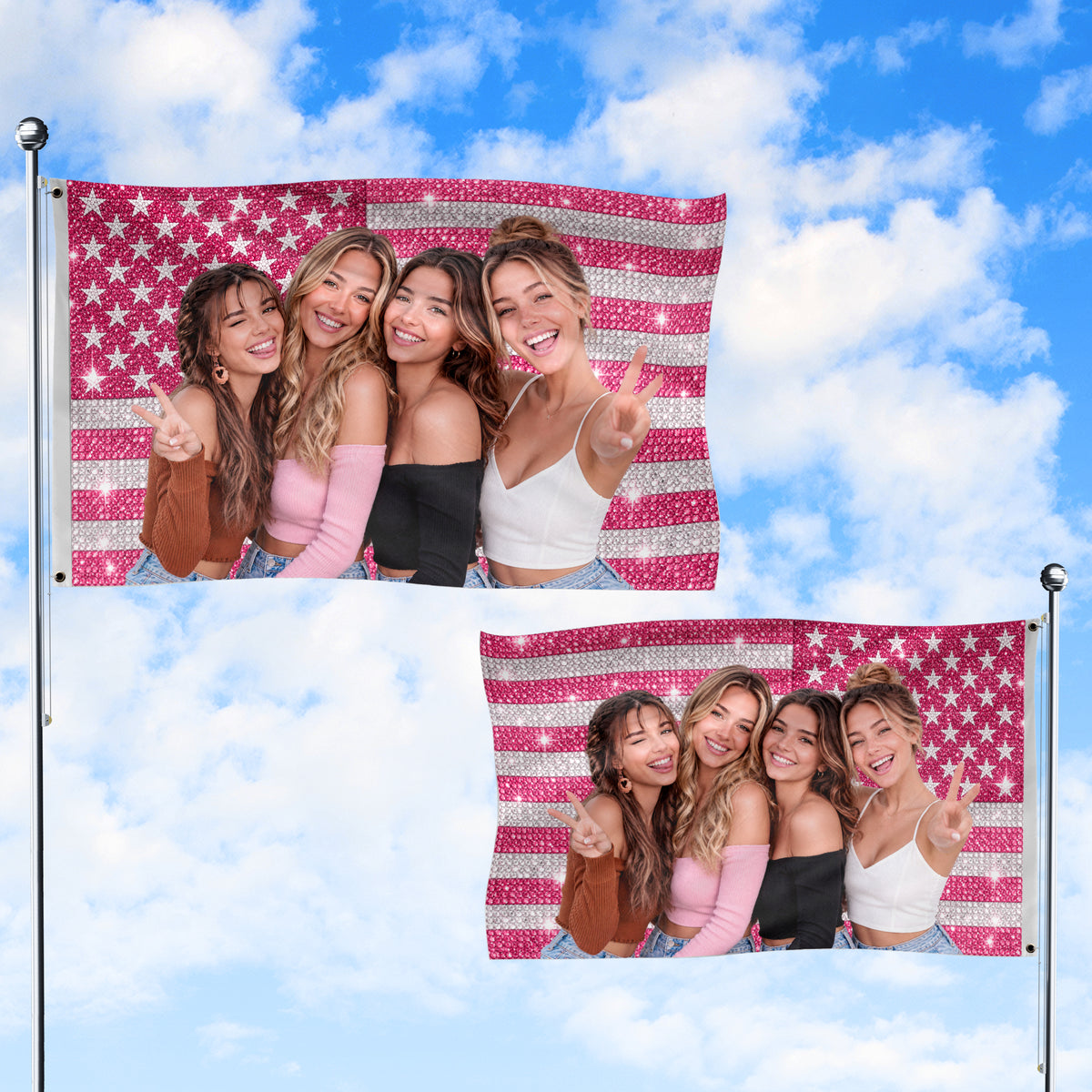 Custom Pink Rhinestone USA Flag Woman Dog Couple Friends Photo Banner Display Piece