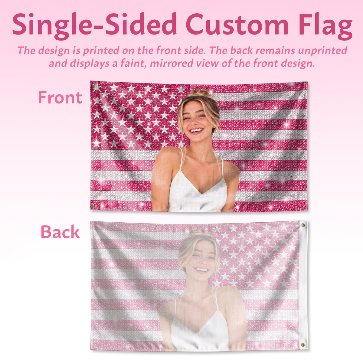 Pink Rhinestone Portrait Photo Collage Custom Flag with Picture, Pink American Flag Custom, Pink Flag Custom, Rustfield Co. - Rust Field Wear