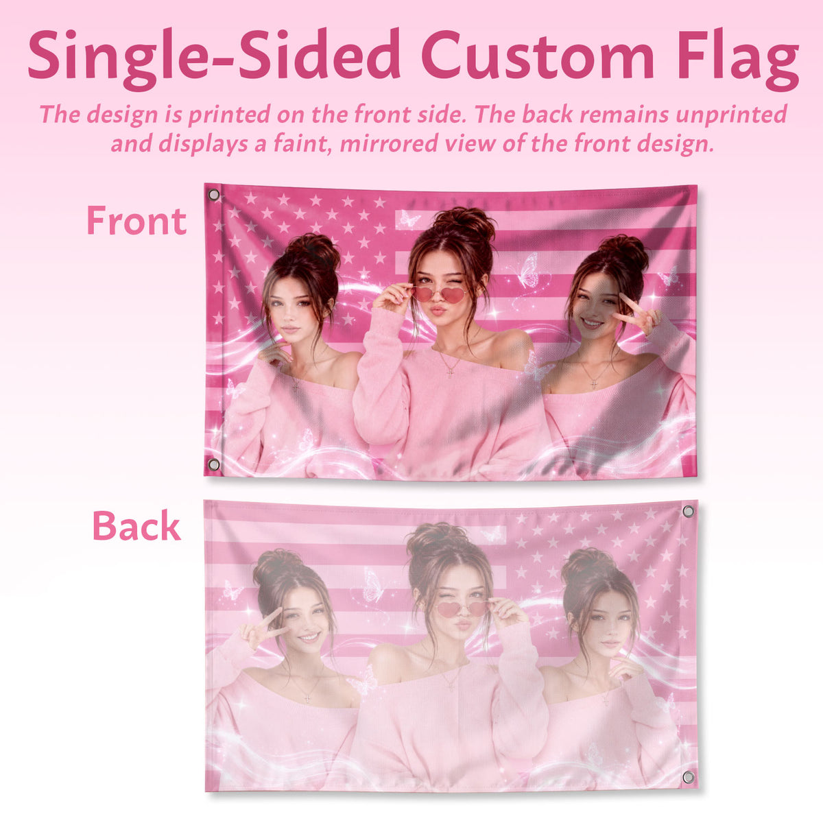 Custom Pink USA Flag Butterfly Photo Collage Banner Wall Art Hanging Tapestry Piece