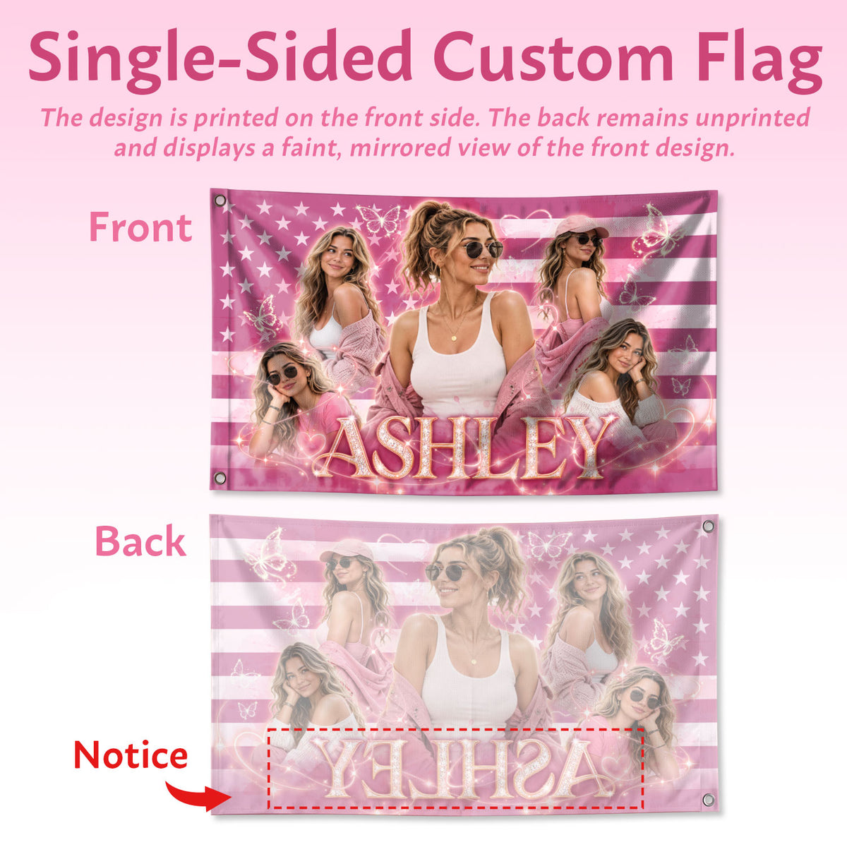 Custom Photo American Flag Pink Glitter Butterfly Personalised Name Picture USA Flag - Rust Field Wear
