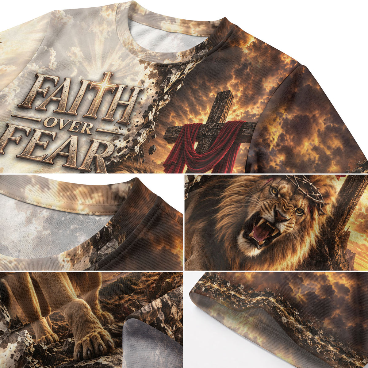 Inspirational Faith Over Fear Lion Cross Christian Graphic Athletic Team Shirt Top