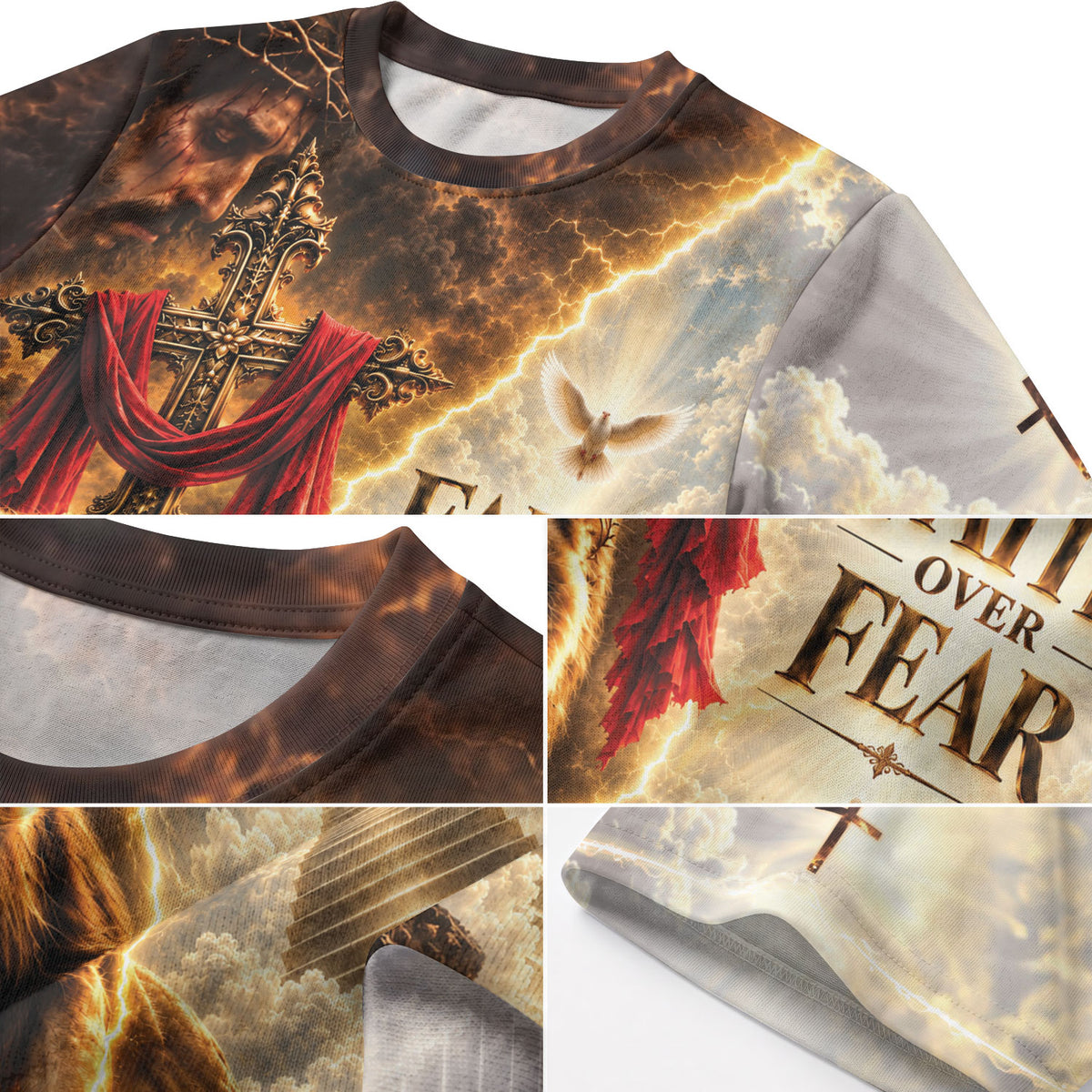 Devotional Faith Over Fear Lion Cross Christian Graphic Athletic Team Shirt Top Garment