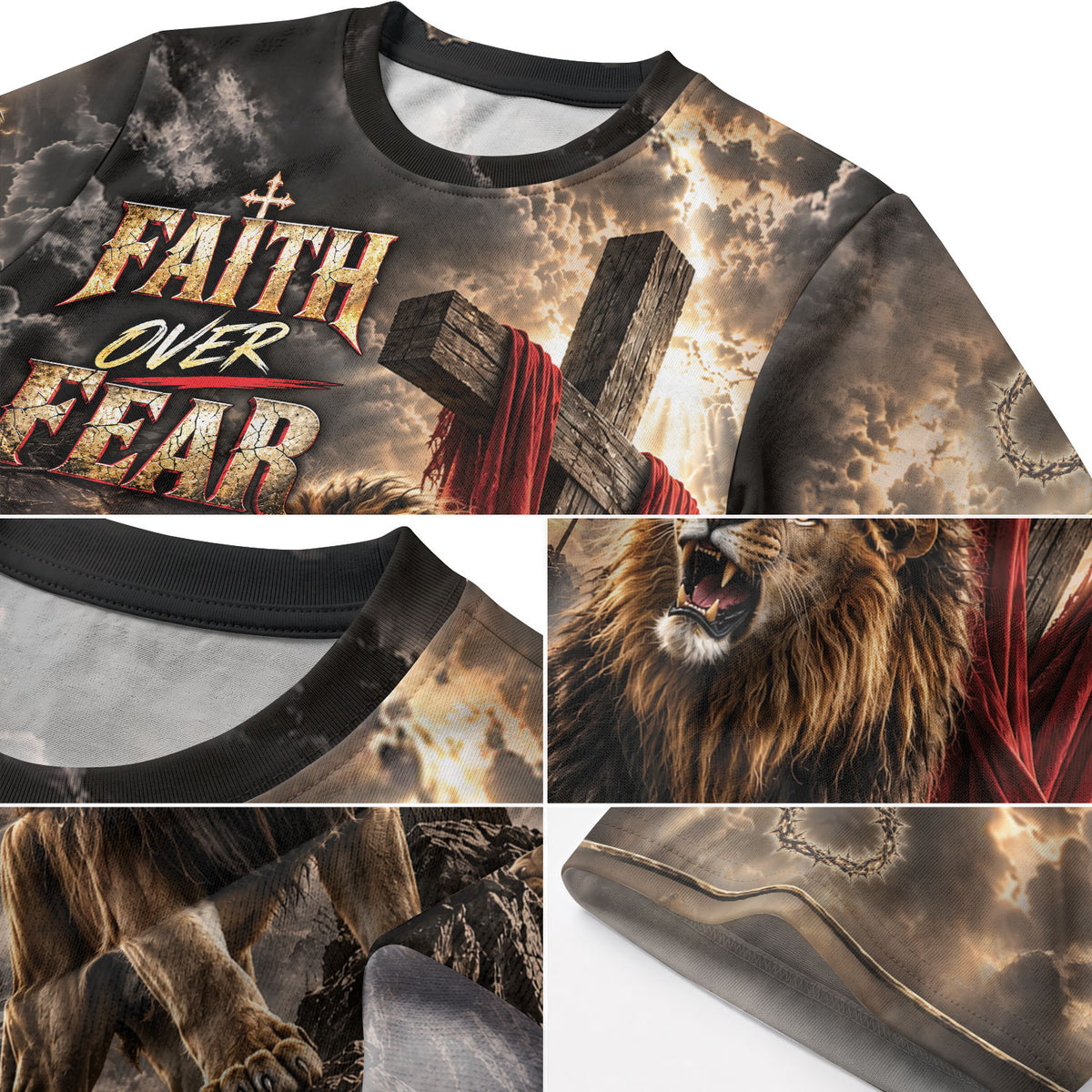 Unyielding Faith Over Fear Lion Cross Christian Graphic Apparel Shirt Top Garment Outfit