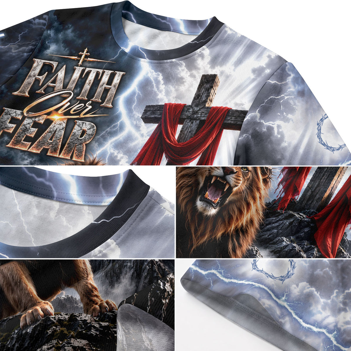 Powerful Faith Over Fear Lion Cross Christian Graphic Apparel Shirt Top Garment Outfit