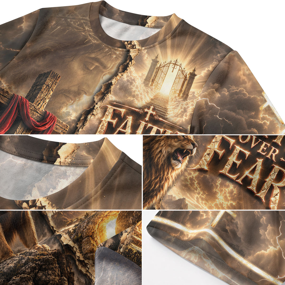 Divided Faith Over Fear Lion Cross Christian Graphic Apparel Shirt Top Garment Outfit