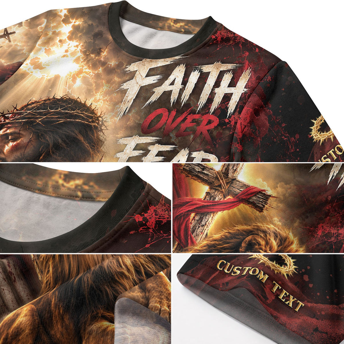 Christian T Shirt Faith Over Fear Jesus Lion Cross Crown Of Thorns Custom Name 3D Tee - Rust Field Wear