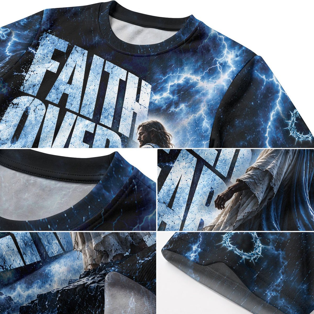 Christian T-Shirt Faith Over Fear Blue Lightning Jesus Lion Custom Name 3D All Over Print - Rust Field Wear