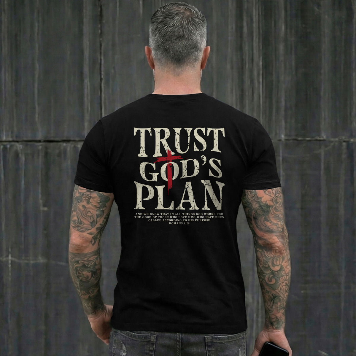 Trust Gods Plan Christian Bible Verse Cross American Flag Mens Graphic T Shirt Apparel - Rust Field Wear