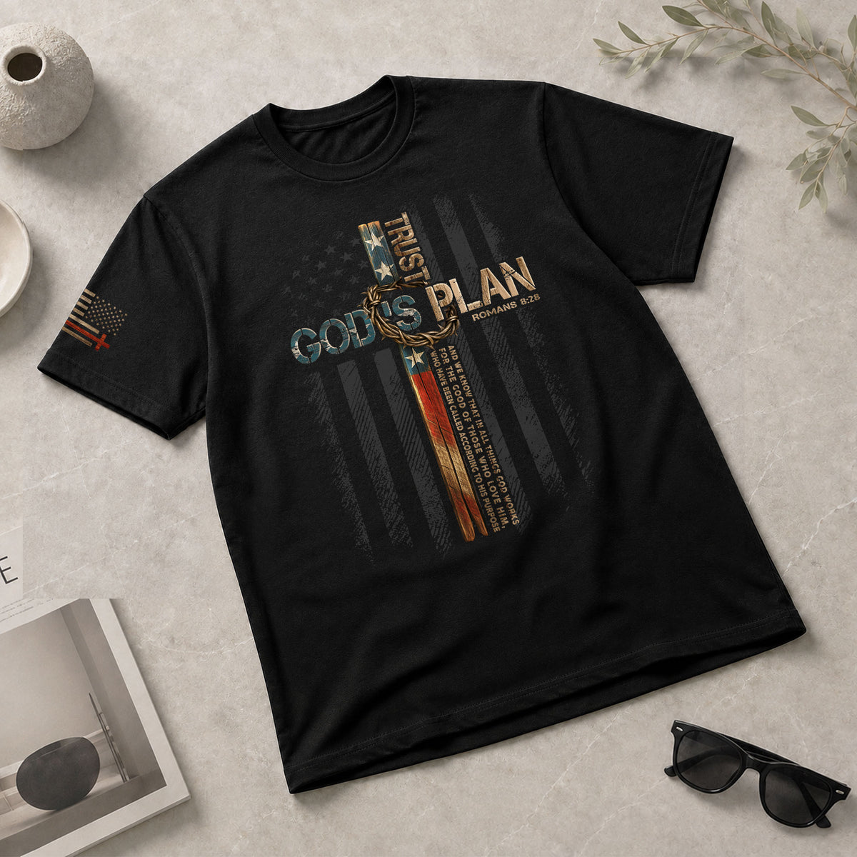 Trust Gods Plan Patriotic Cross Sleeve Print Christian Mens Graphic T Shirt Apparel - Rust Field Wear