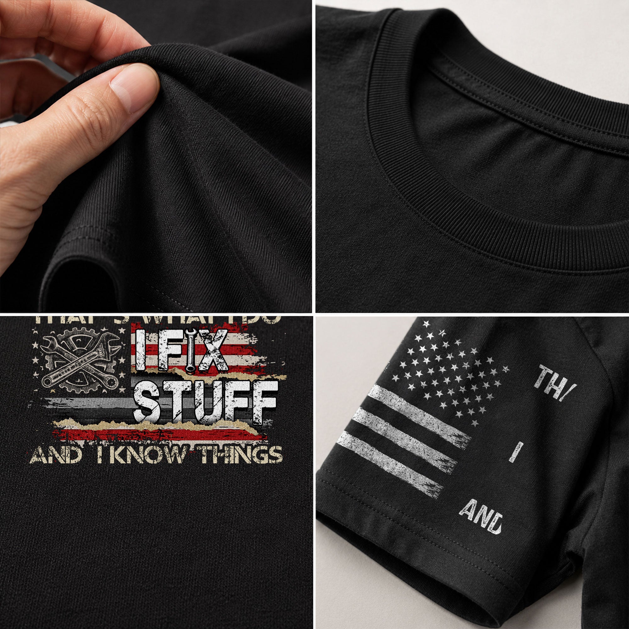 Men Gear Wrench Graphic T-Shirt I Fix Stuff And I Know Things Flag Quote Tee