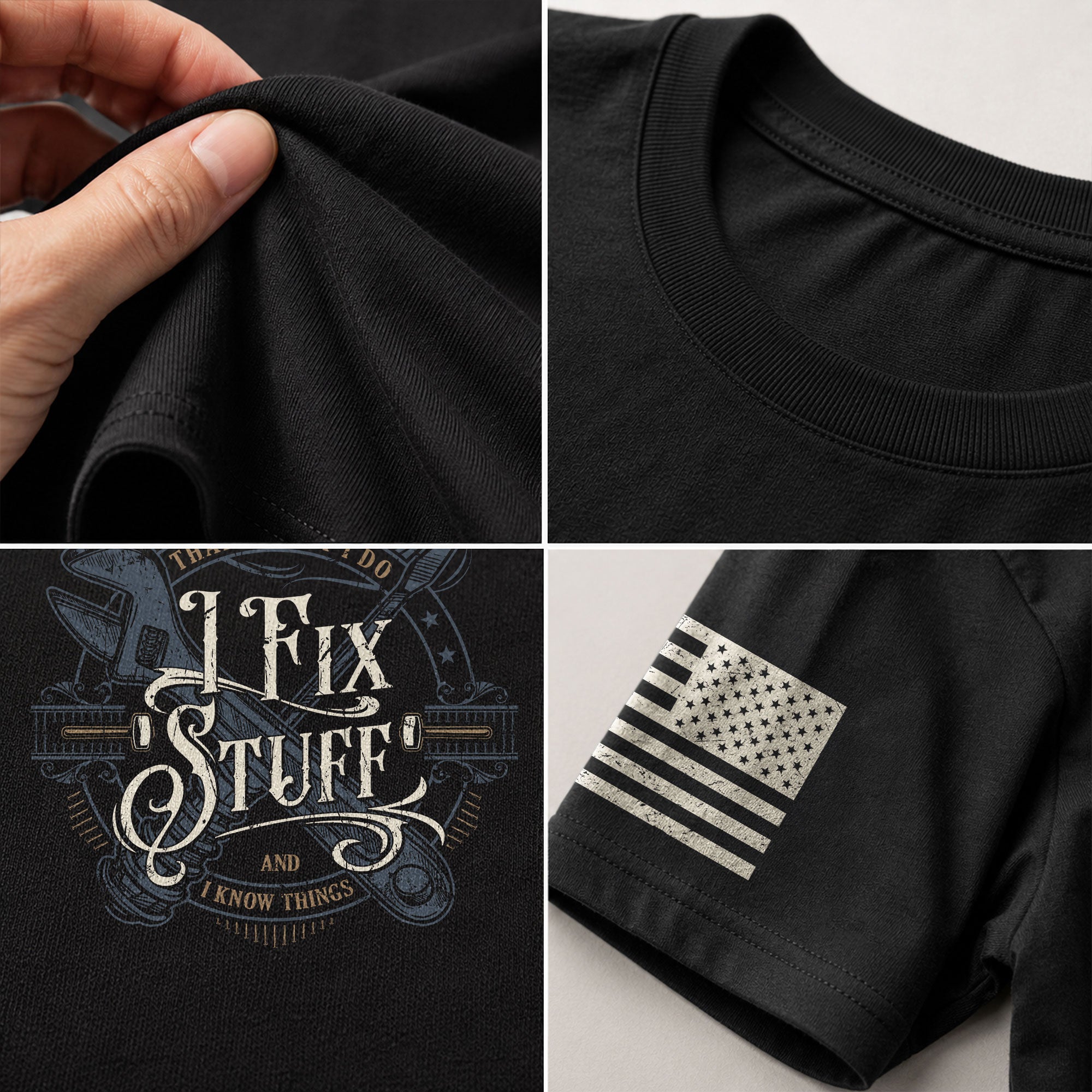 Vintage Calligraphy Quote Men T-Shirt I Fix Stuff And I Know Things Graphic Wrench Tee