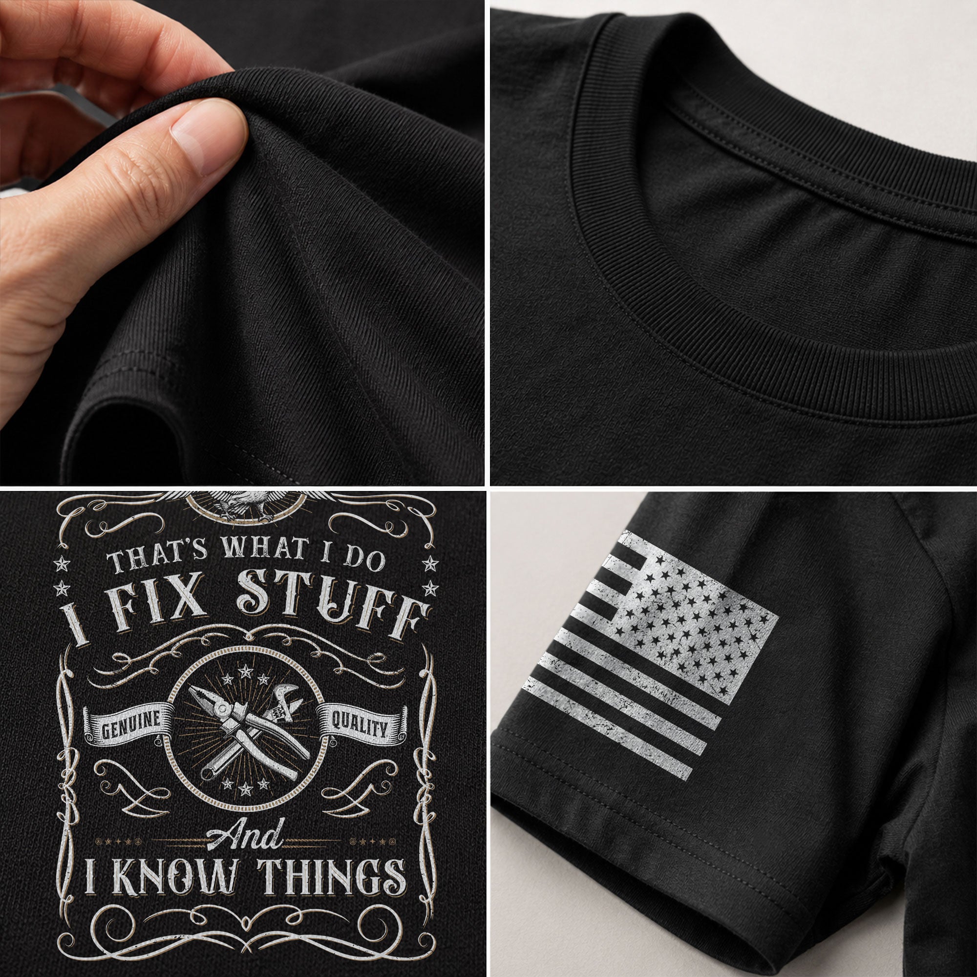 Graphic Shirt Men I Fix Stuff And I Know Things Label Quote T-Shirt Sleeve Details