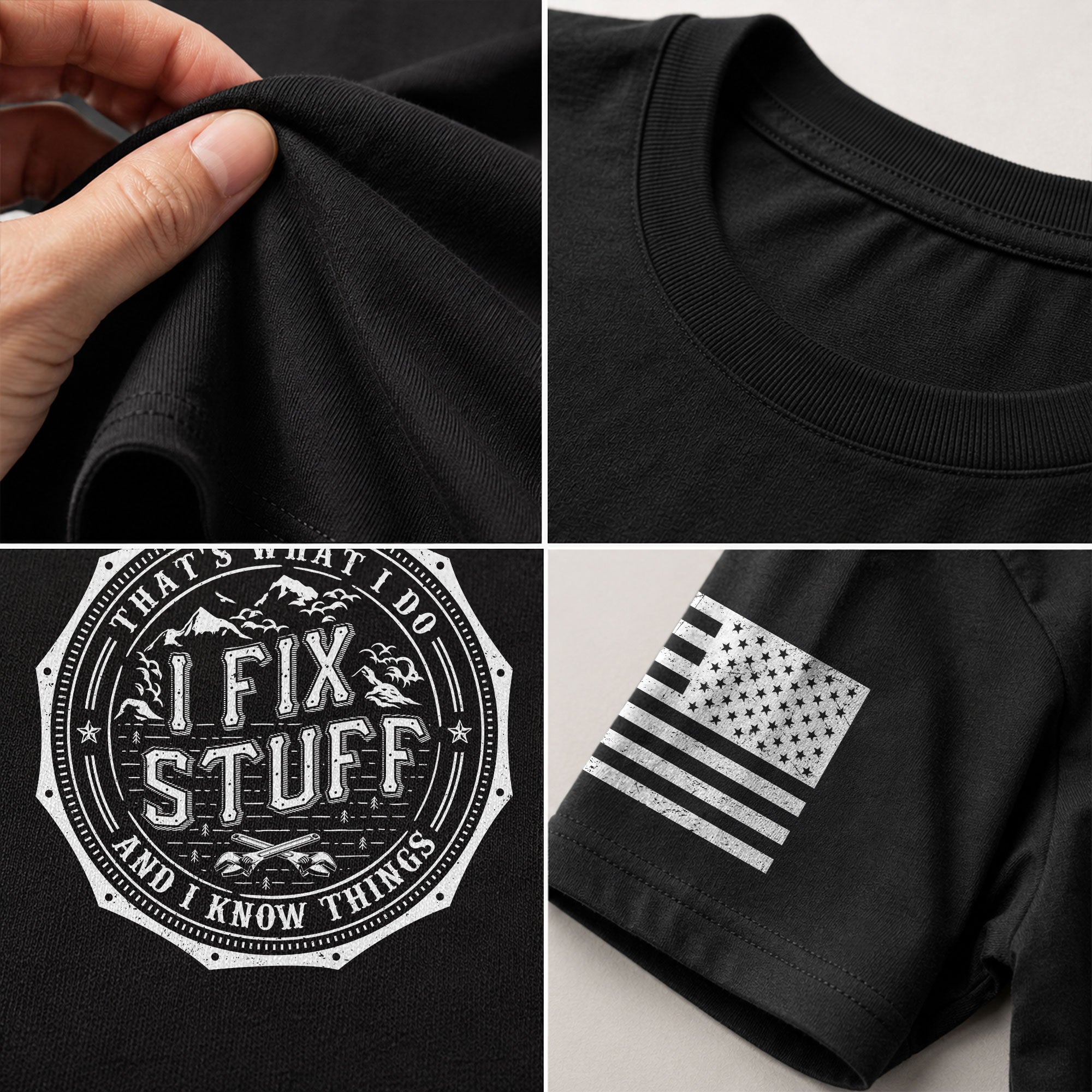 Men T-Shirt Graphic Octagon Badge I Fix Stuff And I Know Things Mountain Quote Tee