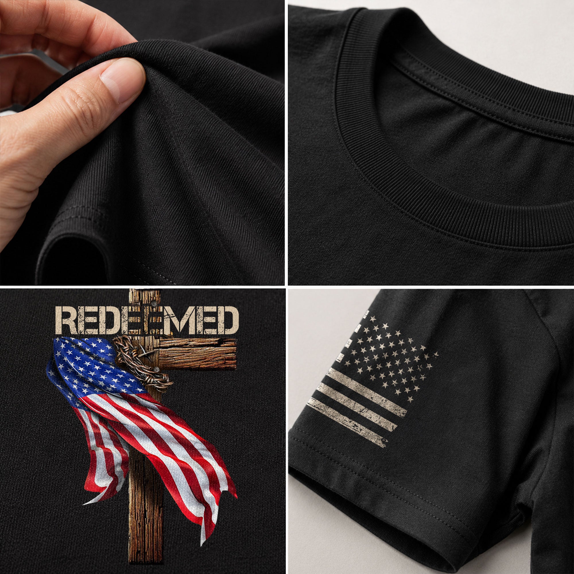 Redeemed by Christ American Flag Cross - Christian Shirts for Men, Faith Based Christian Tee Shirts - Rust Field Wear