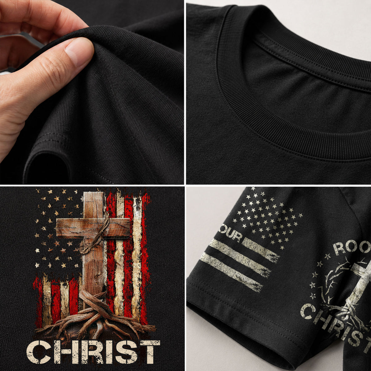 Rooted In Christ American Flag Cross, Christian Shirts for Men - Christian Tee Shirts - Rust Field Wear