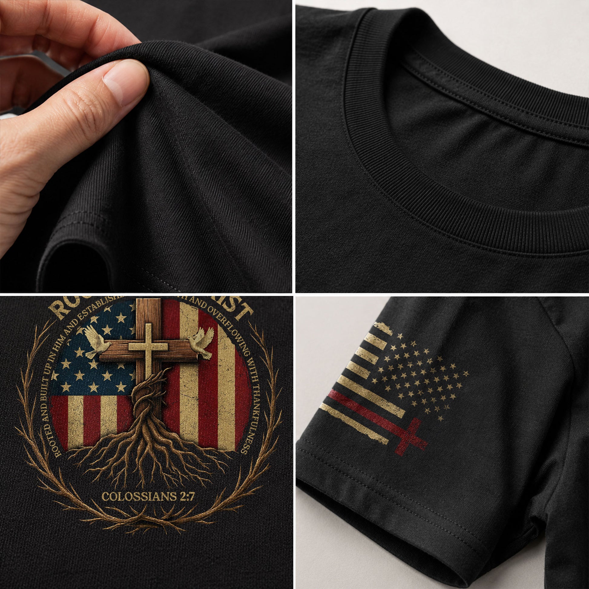 Christian Tee Shirts, Rooted in Christ Colossians 2:7 American Flag Faith - Christian Shirts for Men - Rust Field Wear