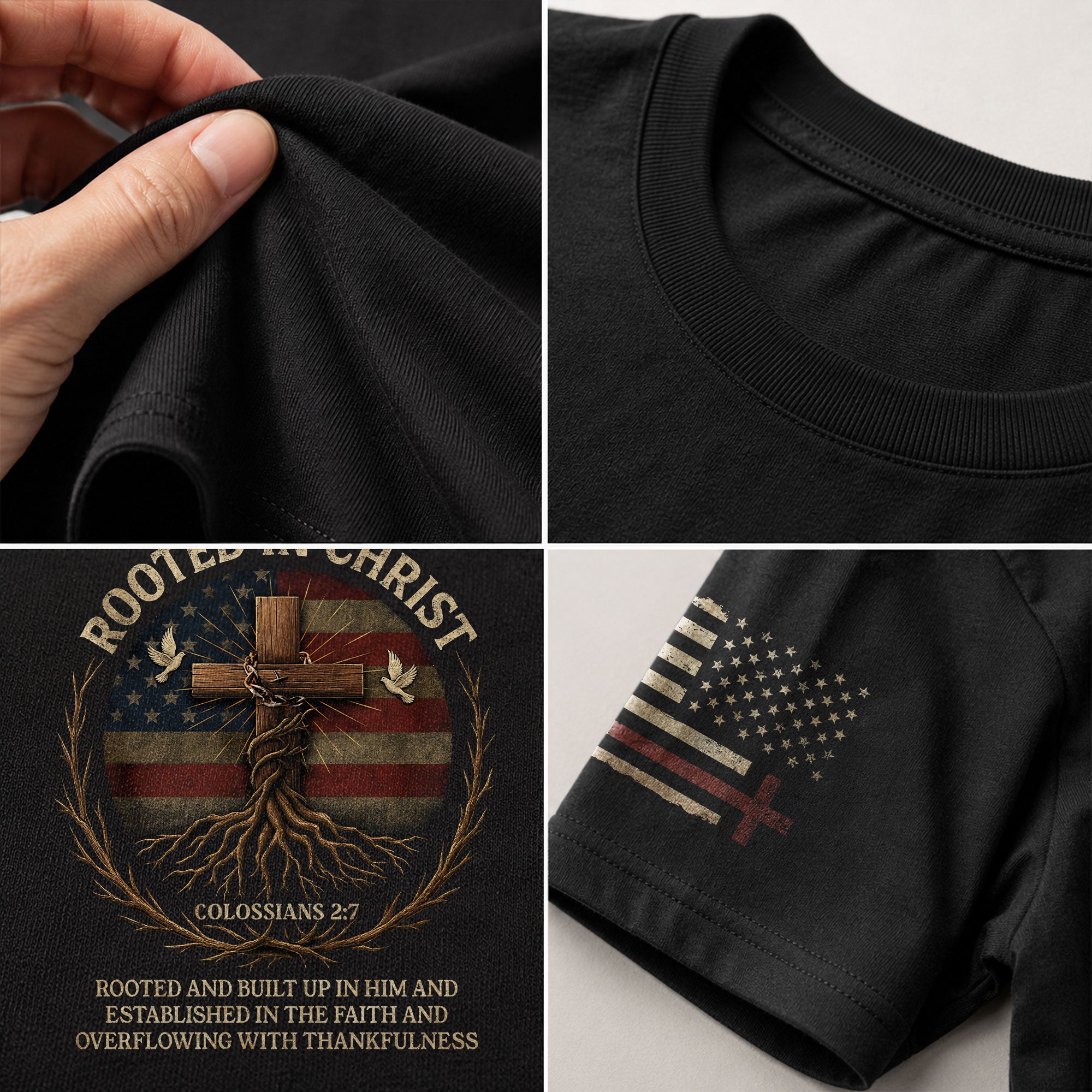 Rooted In Christ Colossians 2:7 American Faith, Christian Shirts for Men - Christian Tee Shirts - Rust Field Wear