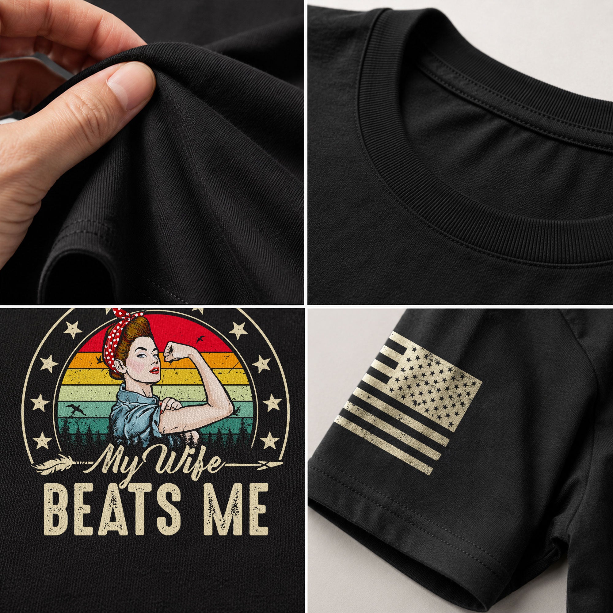 Funny Rosie Riveter Quote My Wife Beats Me Men Vintage Graphic Shirt Casual Novelty