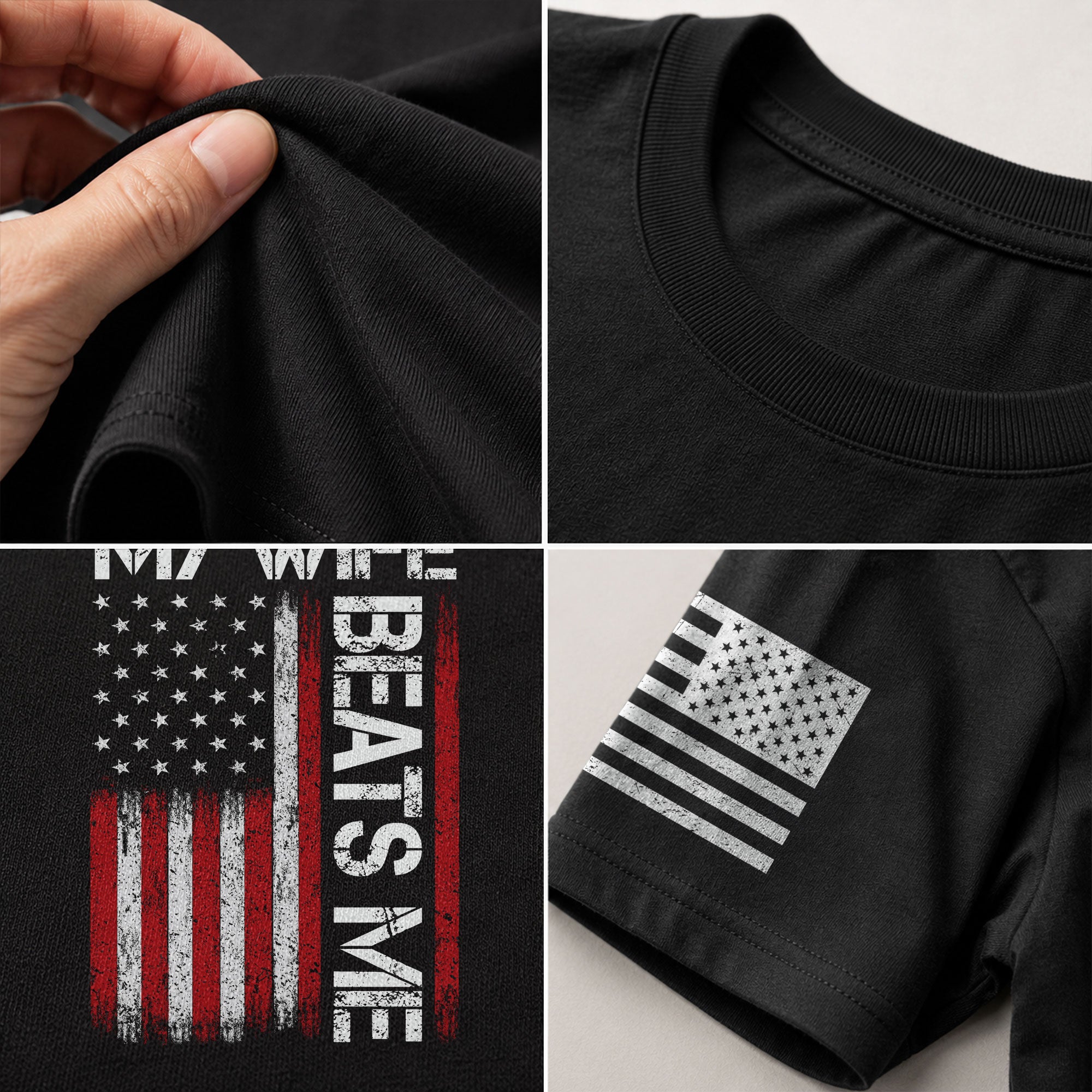 My Wife Beats Me Funny Joke Quote Men American Flag Graphic Shirt Casual Novelty Tee
