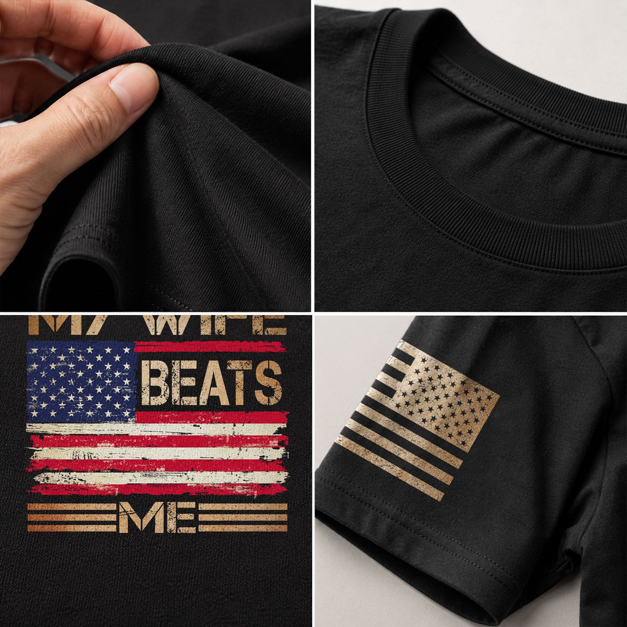 My Wife Beats Me Funny Joke Quote Men Patriotic Flag Graphic Shirt Casual Novelty