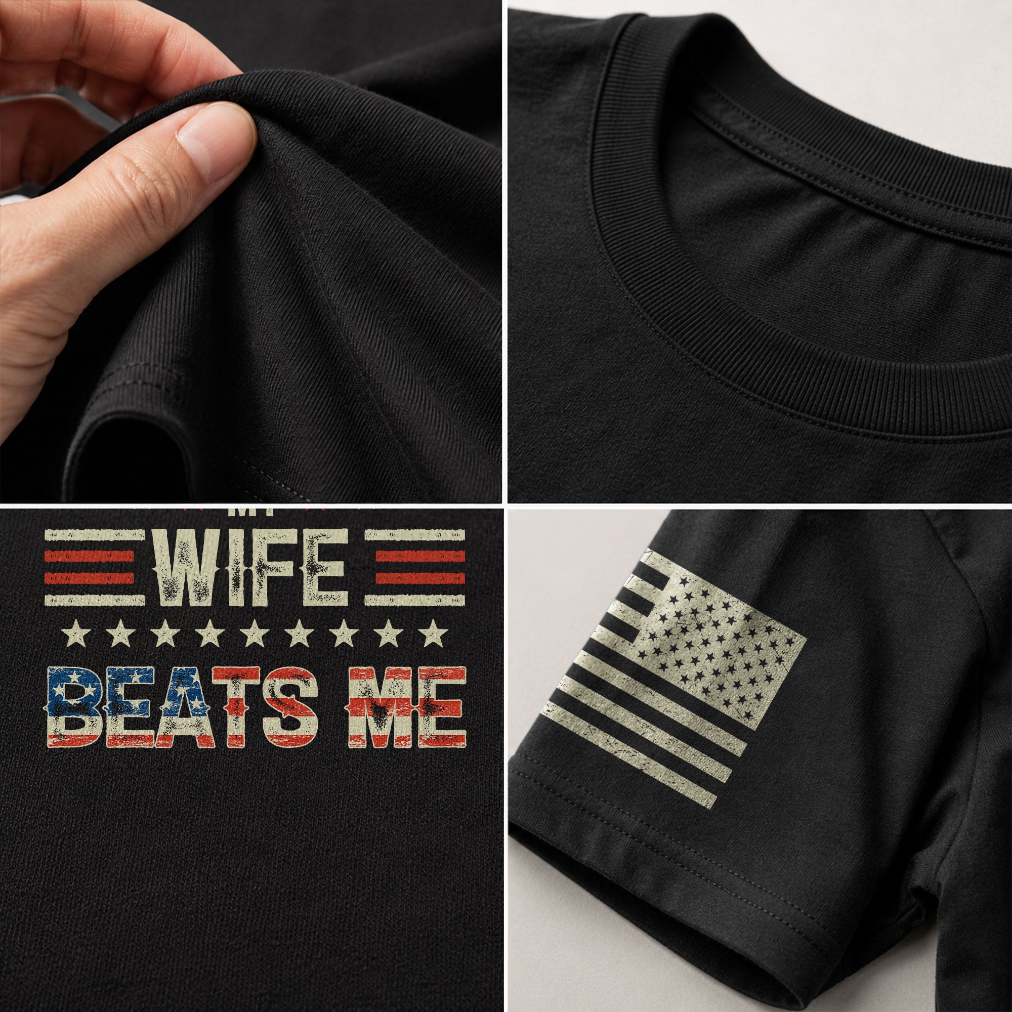 My Wife Beats Me Funny Joke Quote Men Stars Stripes Graphic Shirt Casual Novelty Tee
