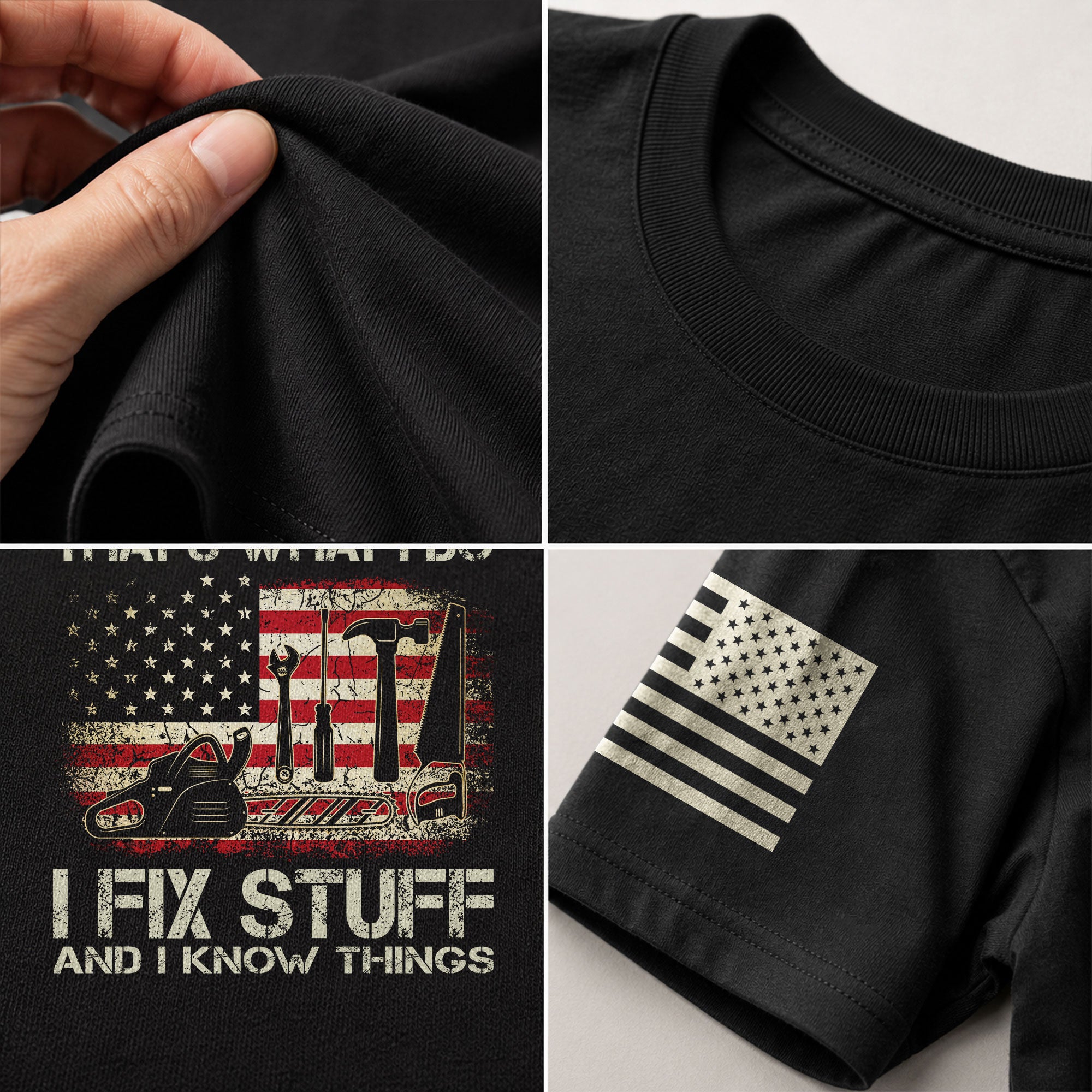 Men Graphic I Fix Stuff And I Know Things Quote T-Shirt American Flag Sleeves Tee