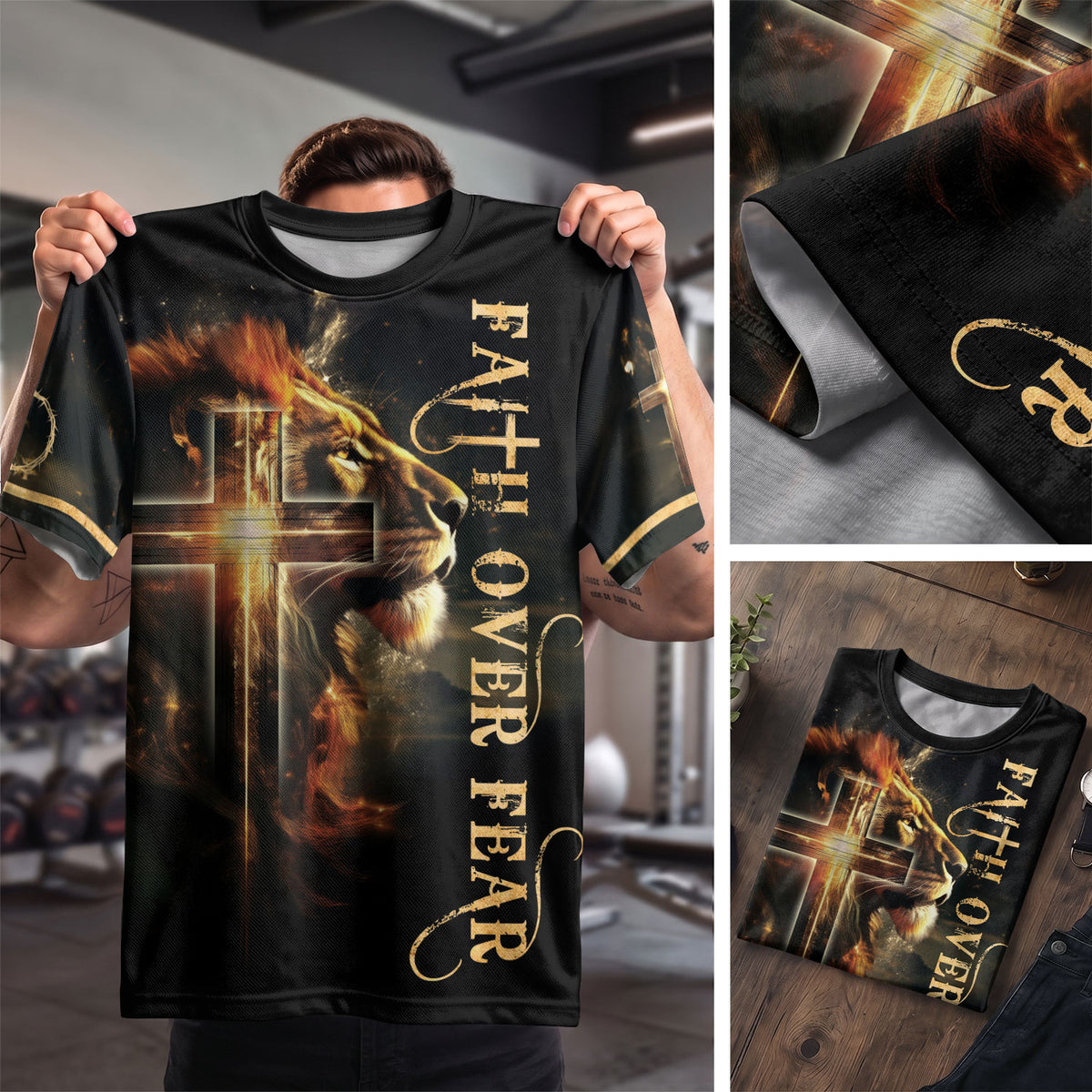 Christian Tee Shirts, Faith Over Fear Lion and Cross - Freedom Shirts for Men, RustField Co - Rust Field Wear