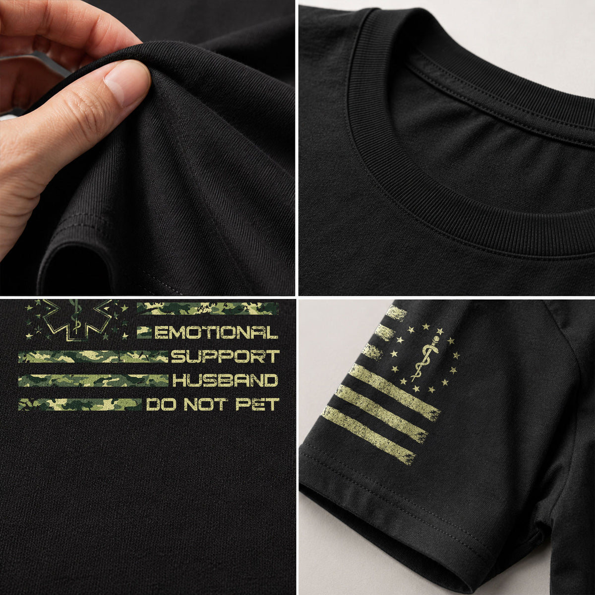 Sarcastic Emotional Support Husband Do Not Pet Camo Flag Tee Shirt Cotton Apparel