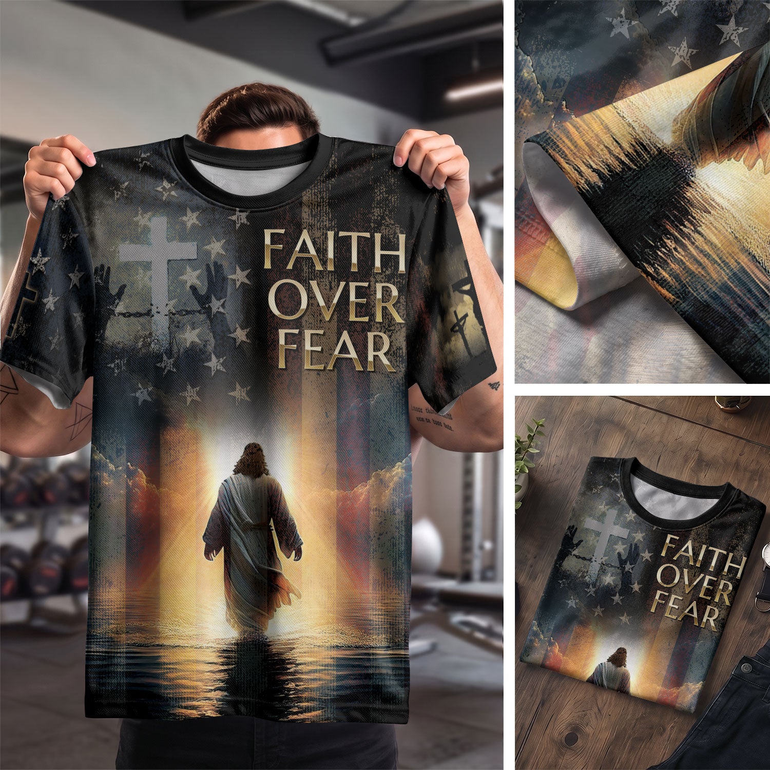 Christian Tee Shirts, Faith Over Fear Jesus Walks On Water Patriotic - Freedom Shirts for Men, RustField Co - Rust Field Wear