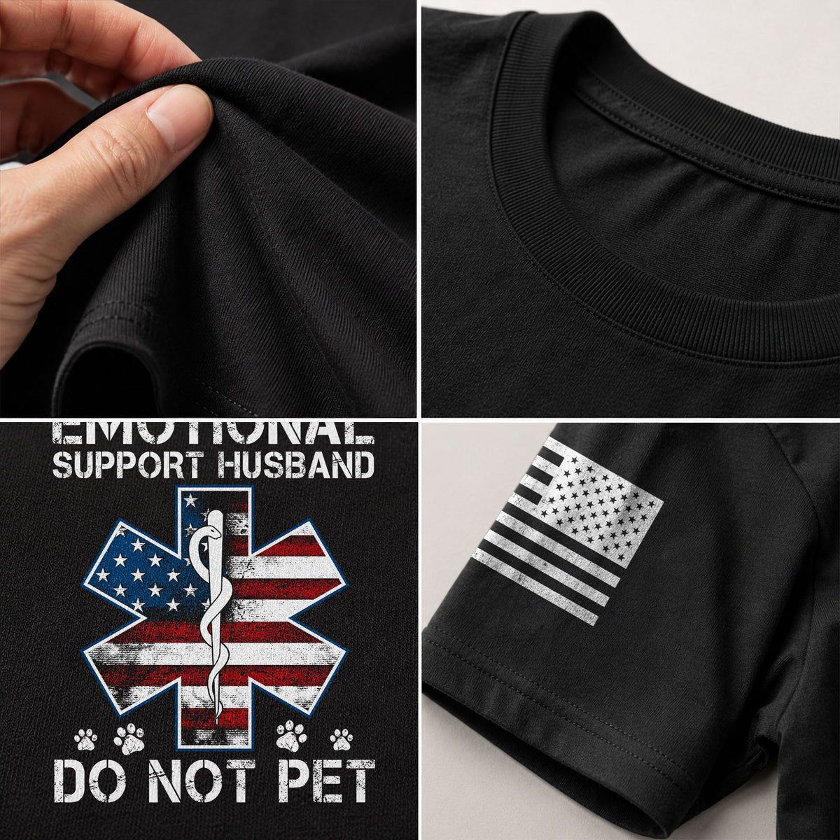 Funny Emotional Support Husband Do Not Pet Patriotic Flag Tee Shirt Cotton Outfit
