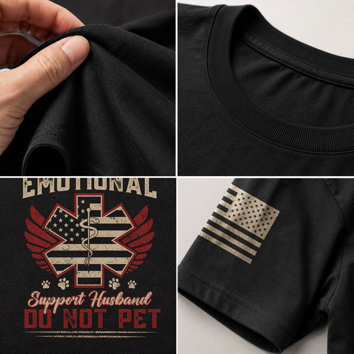 Amusing Emotional Support Husband Do Not Pet Winged Star Graphic Tee Shirt Cotton Top